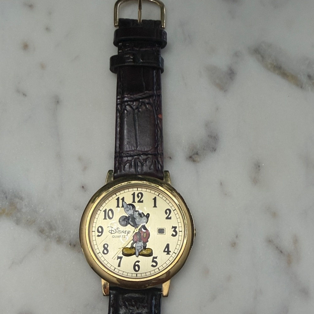 Disney Gold Watch with Dark Brown Leather Strap